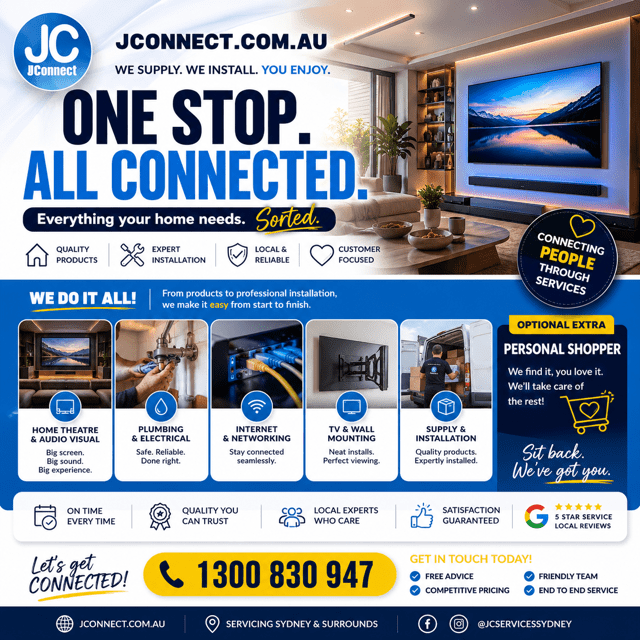 Promotional flyer for JC Connect, highlighting their comprehensive home services including home theater, plumbing, internet, TV mounting, and installation. Features a modern living room with a large TV and decorative plants.